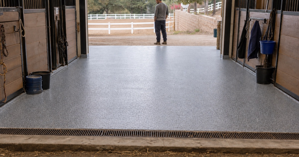 barn aisle and wash rack on a horse property