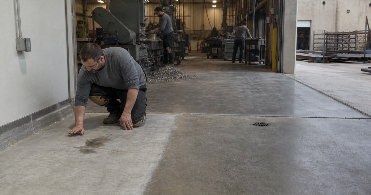 metal shop, oil-soaked slab, line still running